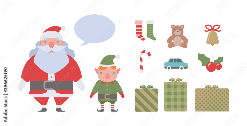Cartoon Christmas Elements in Flat Design. Illustration of Santa Claus and Elf in Vector Design Cartoon Christmas Elements in Flat Design. Illustration of Santa Claus and Elf in Vector Design