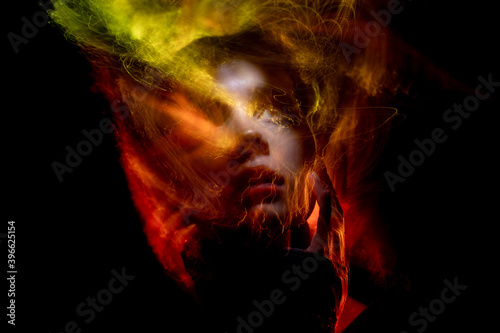 lightpainting portrait, new art direction, long exposure photo without photoshop, light drawing at long exposure