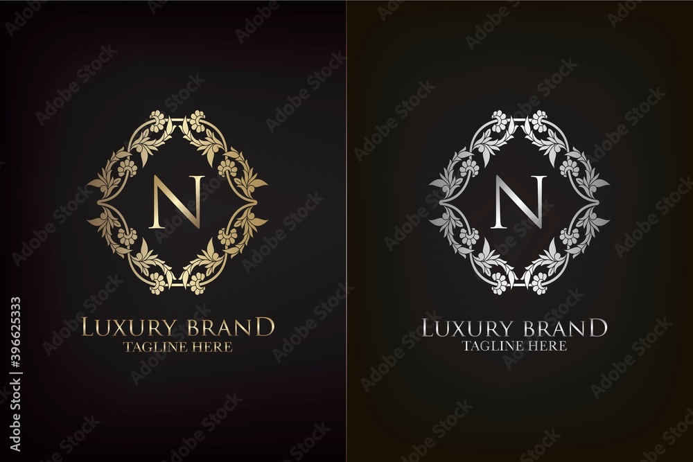 N Letter Luxury Frame Decoration Initial Logo, Elegance Gold and Silver Ornate Emblem Decorative Frame for wedding or boutique Logo identity Design