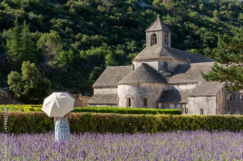 Girl with a white umbrella in a lavander field in front of an old abbey