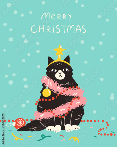 Christmas holidays card, poster or banner design. Festive cat decorated with garland and ornaments like a Christmas tree. Vector illustration in modern hand drawn style.