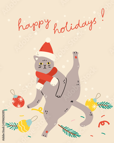 Christmas card, poster or banner template with an adorable British shorthair cat in festive costume. Vector illustration for winter holidays in trendy hand drawn style.