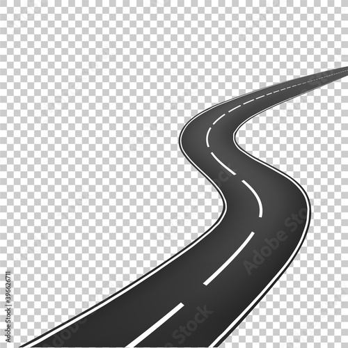 Winding road. Journey traffic curved highway. Road to horizon in perspective. Winding asphalt empty line isolated vector concept