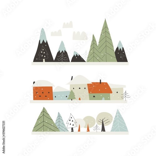 Cartoon winter landscape with houses,mountains and trees