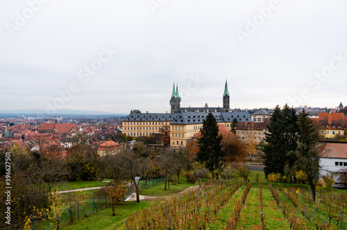 Bamberg, world heritage city in Bavaria, located in upper Franconia, Germany. View from Michaelsberg to the famous bamberg cathedral with the vineyard in the foreground. High quality photo