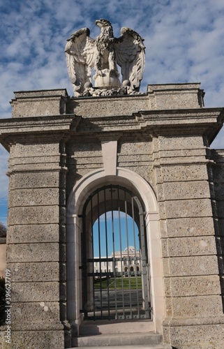 Entrance portal into Klessheim park and castle in Salzburg, in autumn. Austria, Europe.