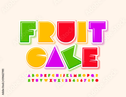 Vector colorful sign Fruit Cake. Bright abstract Font. Creative Alphabet Letters and Numbers set
