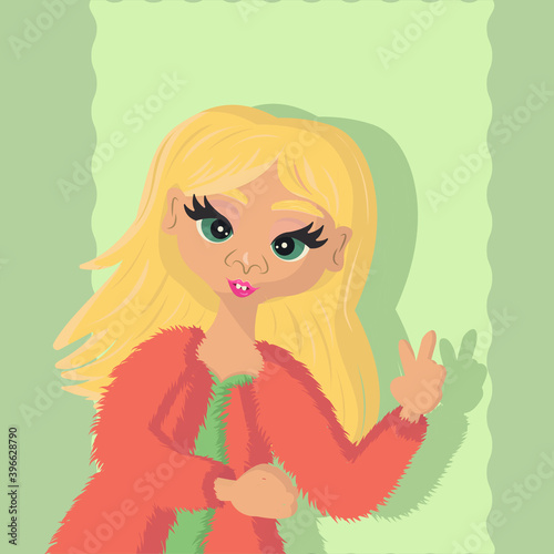 blonde girl in a red fluffy blouse