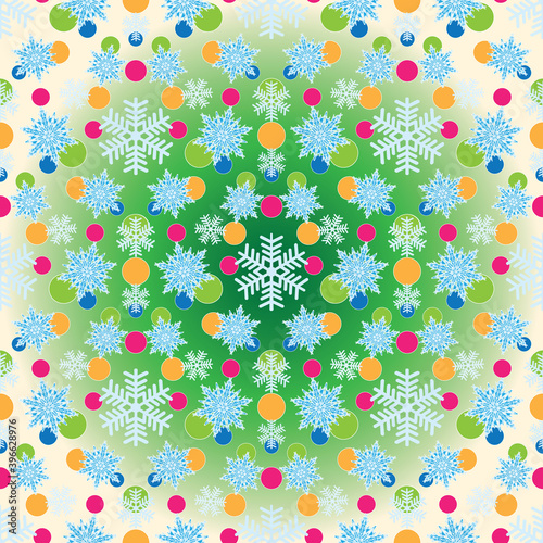 Christmas beautiful vector seamless background with blue snowflakes and multi-colored confetti.