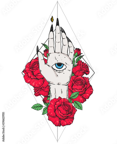 Mystic and occult hand. Palm with an all-seeing eye. Mystical print. Hand drawn vector illustration. Hand and roses.
