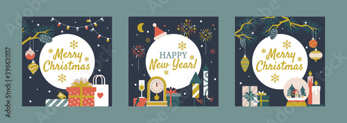 Winter holiday square card templates with present, firework, clock, toy and others flat elements. Merry Christmas and Happy New Year design greetings set with text place for social media or email