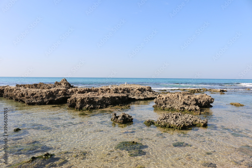 Mediterranean coast with stones Israel Netanya Mediterranean coast with stones Israel Netanya