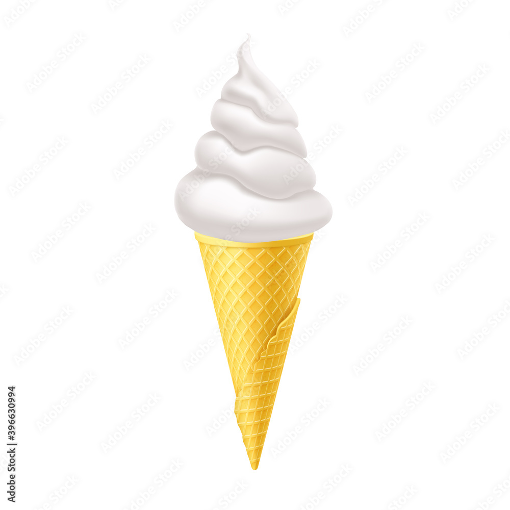 Soft Ice Cream in Yellow Waffle Cone. Street Fast Food, Sweet Milky Dessert Creative illustration Isolated on White