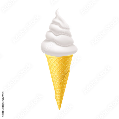 Soft Ice Cream in Yellow Waffle Cone. Street Fast Food, Sweet Milky Dessert Creative illustration Isolated on White