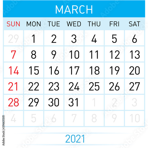March Planner Calendar 2021. Illustration of Calendar in Simple and Clean Table Style for Template Design on White Background. Week Starts on Sunday