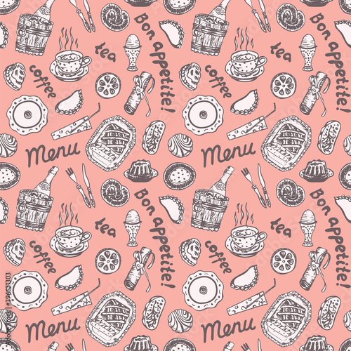 Food and drinks seamless pattern in retro style