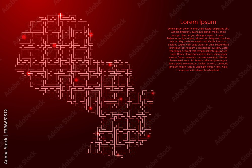 Obraz premium Paraguay map from red pattern of the maze grid and glowing space stars grid. Vector illustration.