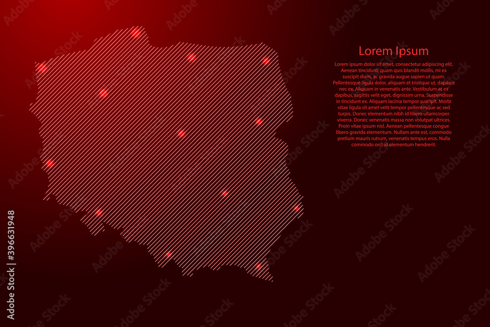 Poland map from red pattern slanted parallel lines and glowing space stars grid. Vector illustration. Poland map from red pattern slanted parallel lines and glowing space stars grid. Vector illustration.