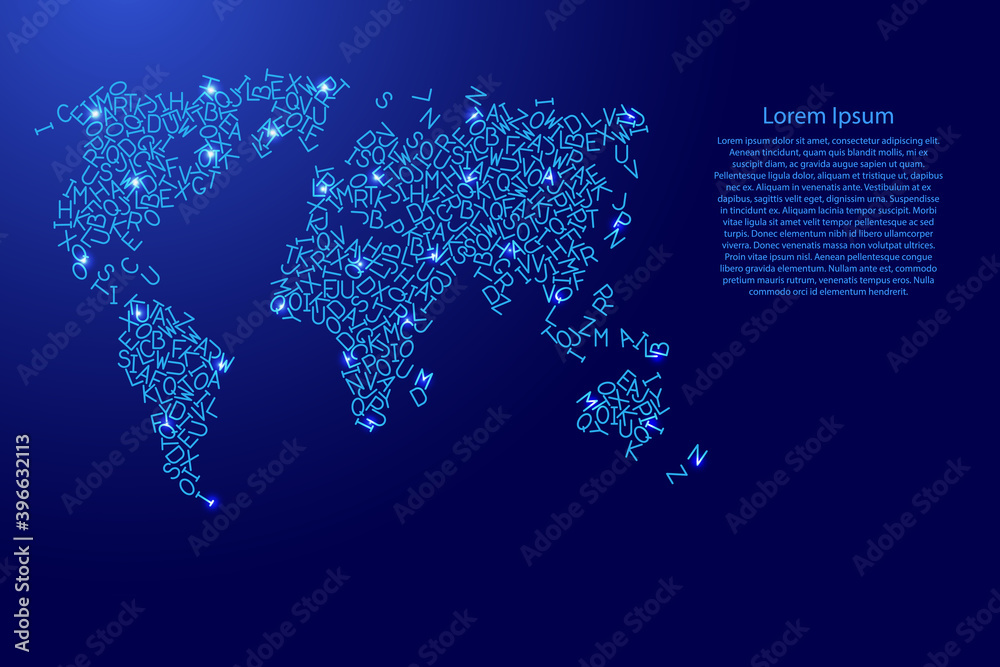 World map from blue pattern latin alphabet scattered letters and glowing space stars grid. Vector illustration.
