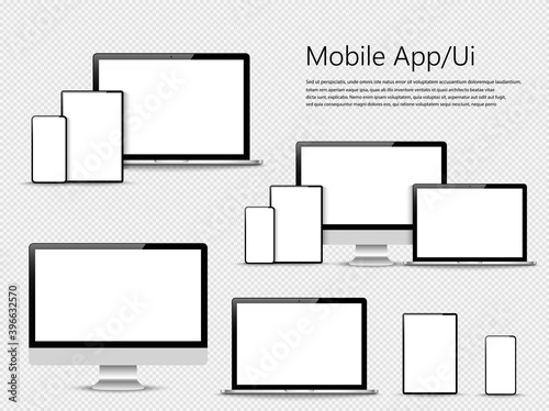 Set of compute, laptop, smartphone with empty screens. Design on transparent background. . Vector illustration
