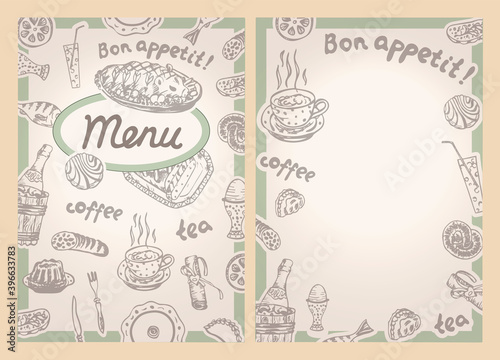 Cafe or restaurant menu template. Food and drink illustration in vintage style 