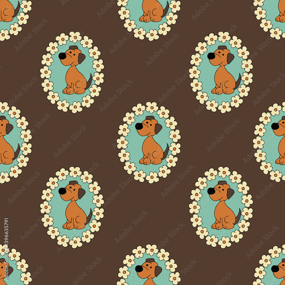 Retro colors dog in round passe-partout with flowers repeat pattern print background