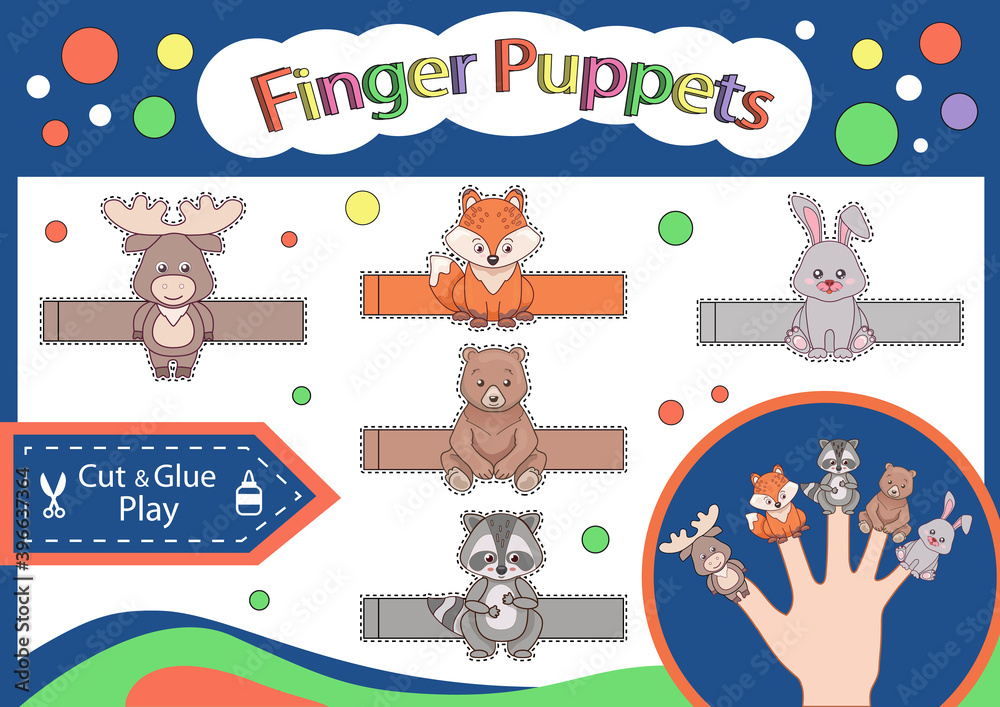 Finger puppets. Cut and glue the paper animals doll. Worksheet with children  art game. Kids crafts activity page. Create toys yourself. 3d gaming  puzzle. Birthday decor. Vector illustration. Stock Vector | Adobe
