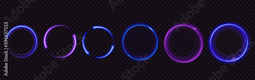Glow circles with sparkles, magic light effect. Vector realistic set of blue and purple shiny rings and swirls, round frames of flare trail with glitter dust isolated on transparent background