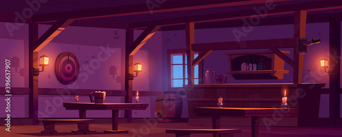 Old tavern, vintage pub with wooden bar counter, shelf with bottles, glow lanterns and beer mug on table. Vector cartoon empty interior of retro saloon with barrel and darts target at night