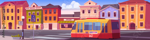 City street with houses, tram and empty car road with pedestrian crosswalk. Vector cartoon cityscape with tramway, urban landscape with residential buildings, store and railway on road