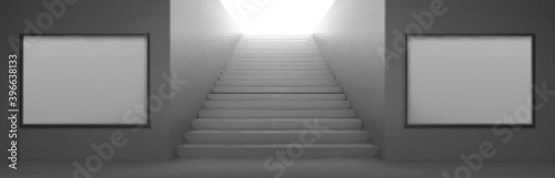 3d stairs going to light and empty white LCD screens for advertising on walls. Exit from underground or subway, staircase construction, ladder building architecture, Realistic vector illustration