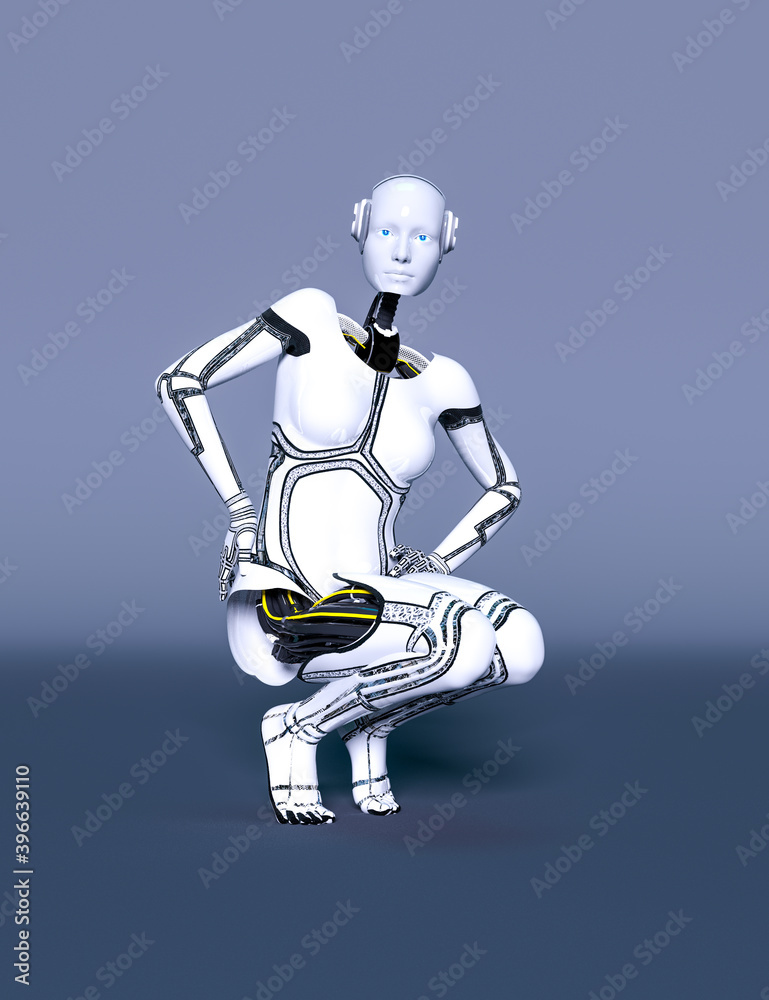 Robot woman. White metal droid. Artificial Intelligence. Robot woman. White metal droid. Artificial Intelligence.