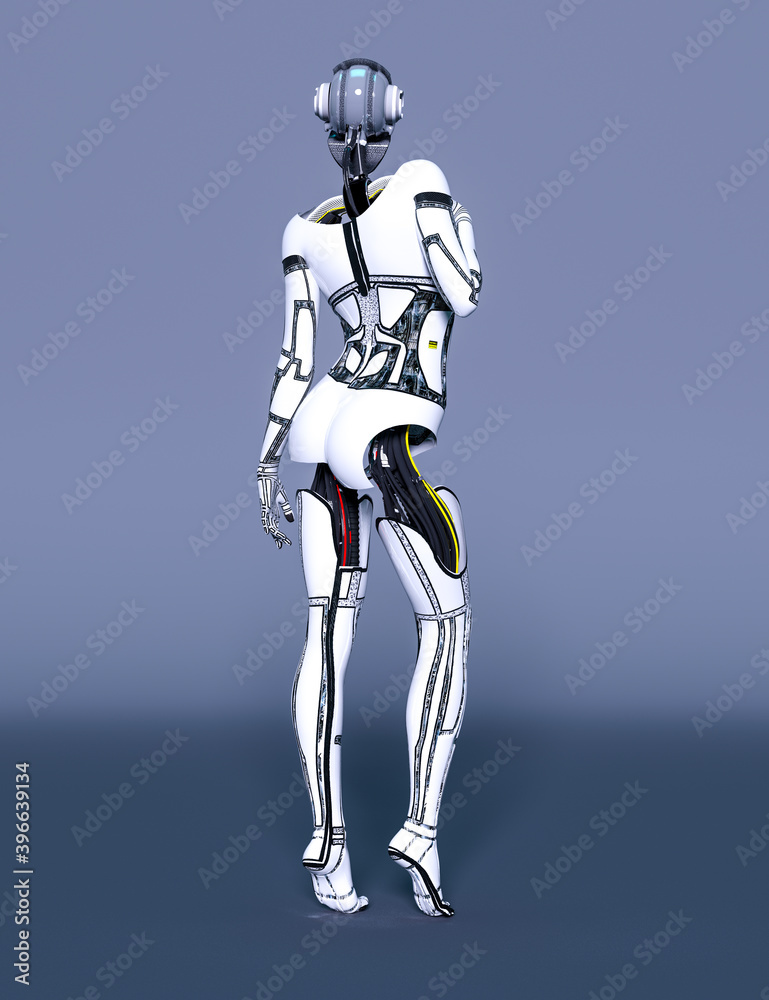 Robot woman. White metal droid. Artificial Intelligence. Robot woman. White metal droid. Artificial Intelligence.