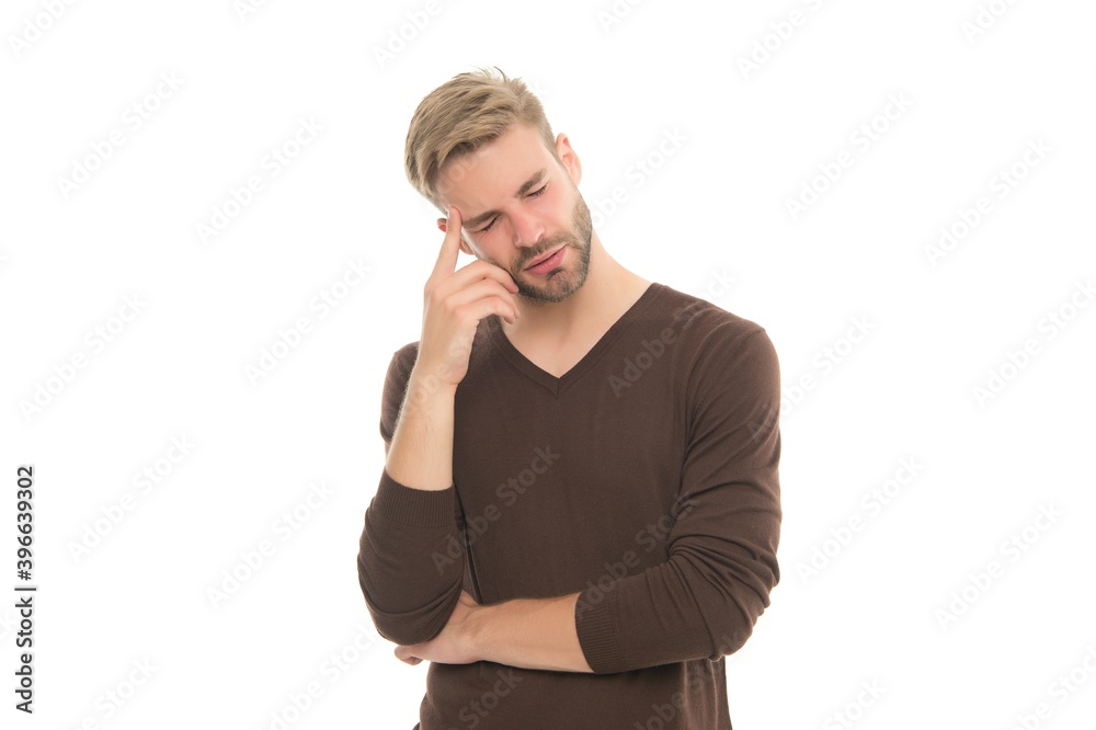 charismatic thoughtful guy with trendy hairstyle wearing clothes in casual style having headache isolated on white, male health