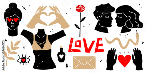 Big set of abstract love elements. Isolated flat vector collection of hand drawn romantic symbols: heart, couple in love, hands, body parts. Cute and trendy design for a greeting card