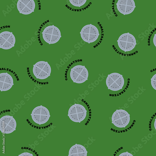 Seamless pattern of closed sewer hatch. Manhole cover. Hatch well. Vector illustration on a green background