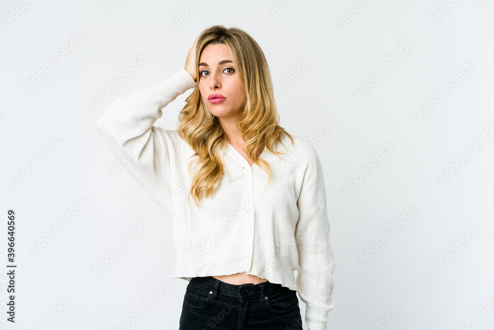 Young caucasian blonde woman being shocked, she has remembered important meeting. Young caucasian blonde woman being shocked, she has remembered important meeting.