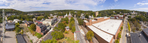 Fitchburg Upper Common and First Parish Unitarian Church panorama aerial view on Main Street in downtown Fitchburg, Massachusetts MA, USA.  photo