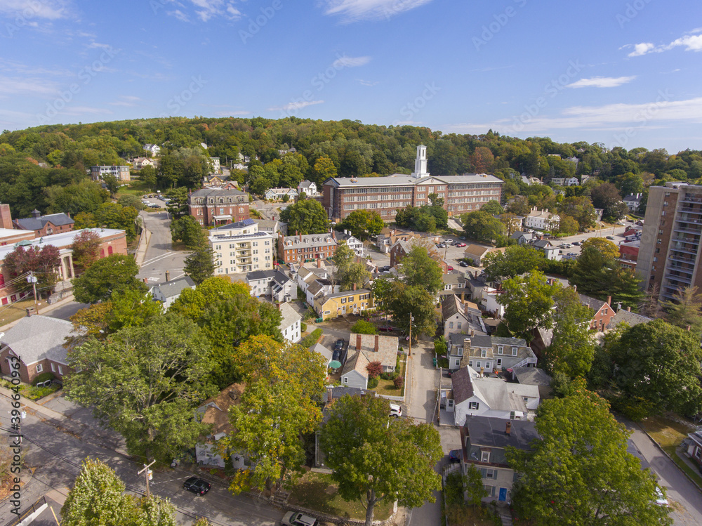 Longsjo Middle School aerial view at 98 Academy Street in downtown Fitchburg, Massachusetts MA, USA. 