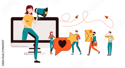 Referral marketing concept, flat tiny persons vector illustration. Successful advertising strategy and online business growth tactics. E-commerce promotion media campaign communication with customers.
