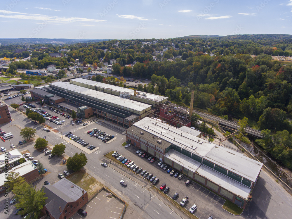 Fototapeta premium Fitchburg City Hall aerial view in downtown Fitchburg, Massachusetts MA, USA. 