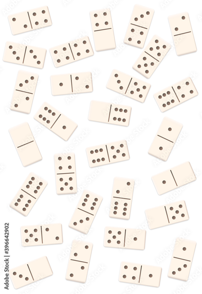 Scattered dominos, shuffled, mixed up, loosely arranged messy set of 28 white tiles. Isolated vector illustration on white background.
Scattered dominos, shuffled, mixed up, loosely arranged messy set of 28 white tiles. Isolated vector illustration on white background.
