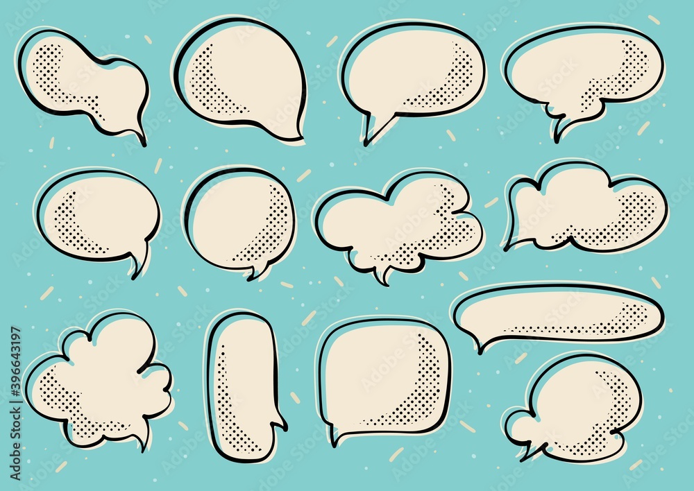Set of empty comic speech bubbles with halftone shadows. Vector retro ...