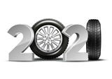 New Year numbers 2021 with car tire isolated on white background.