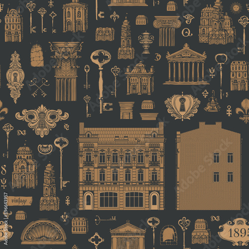 Seamless pattern on the theme of architecture, houses and buildings. Vector background with hand-drawn vintage buildings, architectural elements and old keys. Suitable for wallpaper, wrapping paper