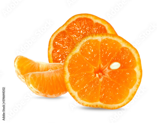 Tangerine halves and wedges isolated on white background.