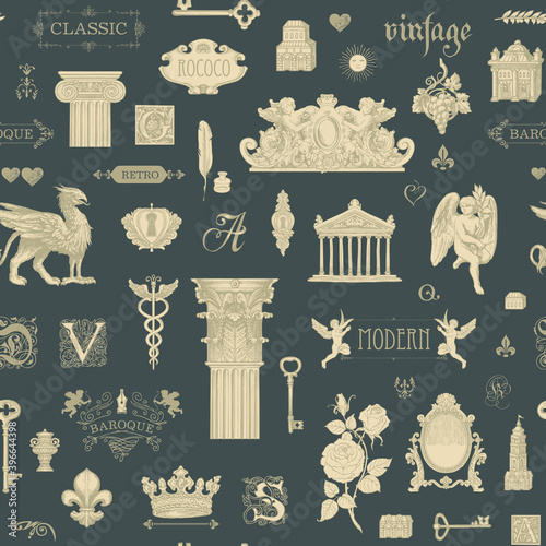 Abstract seamless pattern on the theme of vintage art, furniture and Antiques. Vector background with drawings and sketches on the dark backdrop. Wallpaper, wrapping paper or fabric in retro style