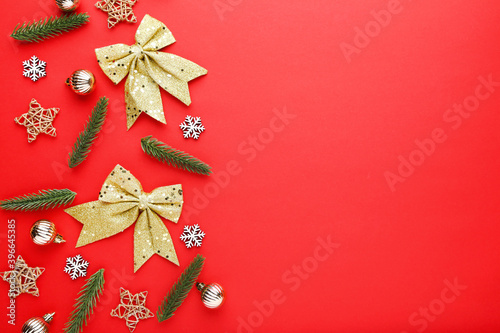 Christmas ornaments on red background