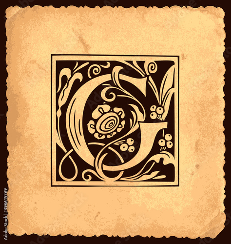 Black initial letter G with Baroque decorations on an old paper background in vintage style. Beautiful filigree capital letter G to use for monogram, logo, emblem, invitation, greeting card