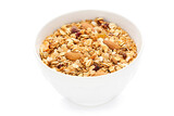 Tasty granola in bowl on white background